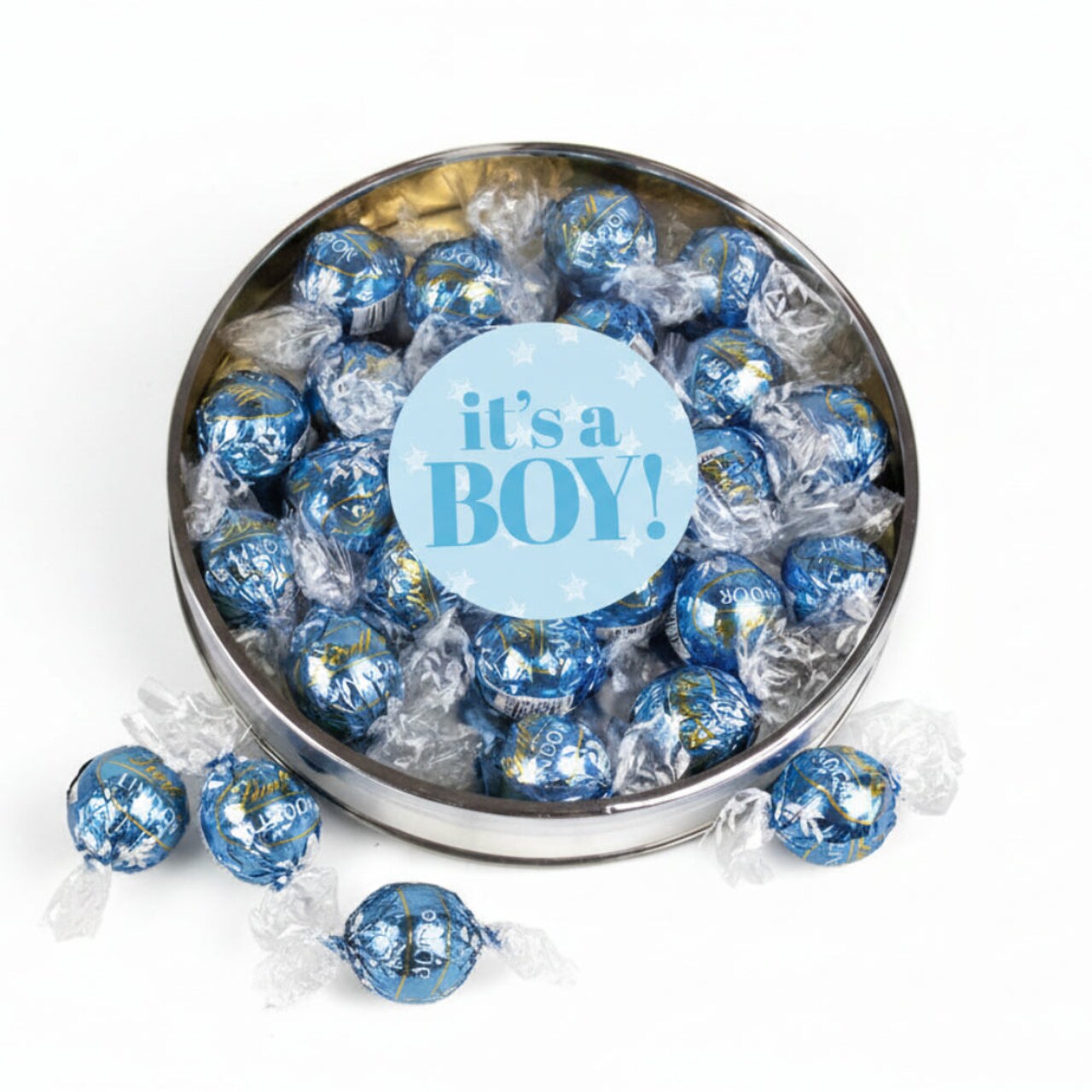 It's a Boy Baby Shower Candy Gift Tin with Chocolate Lindor Truffles by Lindt Large Plastic Tin with Sticker - Stracciatella - By Just Candy